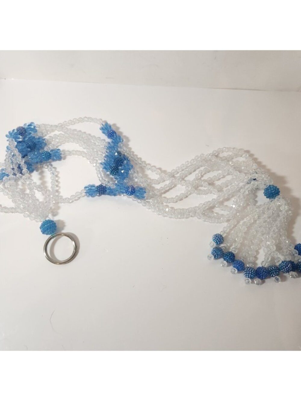 Vintage Beaded Plant Hanger Clear Blue Acrylic Faceted Beads Boho Tassel 33in